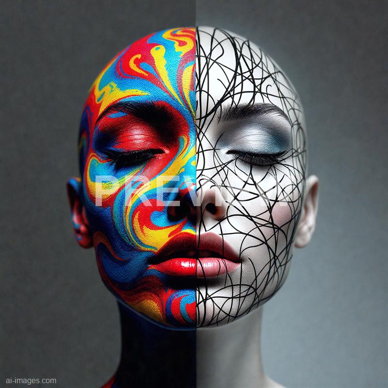 The image features a human face split into two halves, each with distinct artistic styles. The left side of the face is painted with vibrant, swirling colors including reds, blues, yellows, and oranges, creating a dynamic and abstract pattern that covers the eye, cheek, and lips. The right side is a monochromatic, grayscale portrait with a geometric, web-like pattern of black lines crisscrossing over the face, giving it a modern, minimalist appearance. Both sides have closed eyes, emphasizing the contrast between the two artistic expressions.